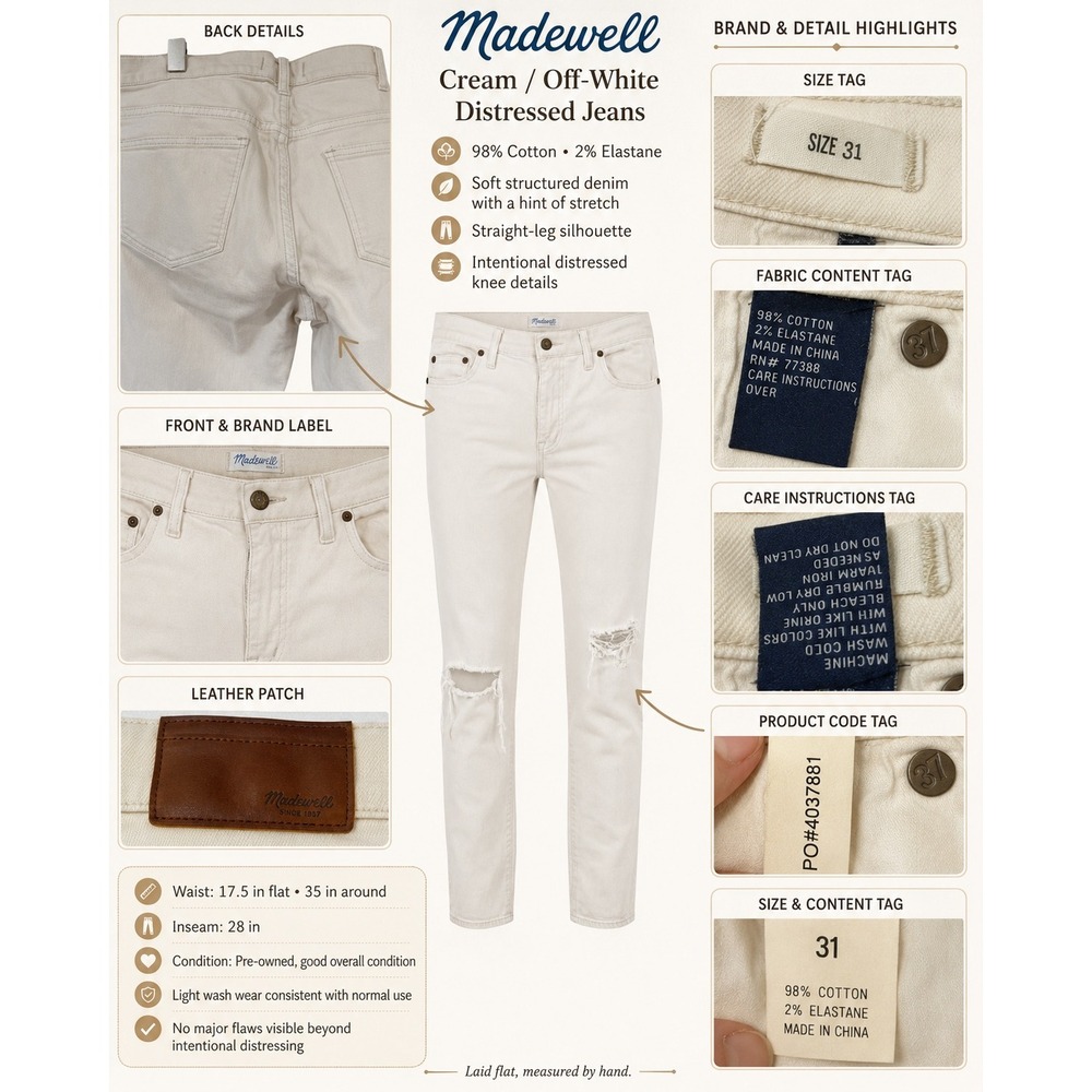 Madewell Straight Leg Distressed Jeans Cream Off-White Size 31 PO4037881‎